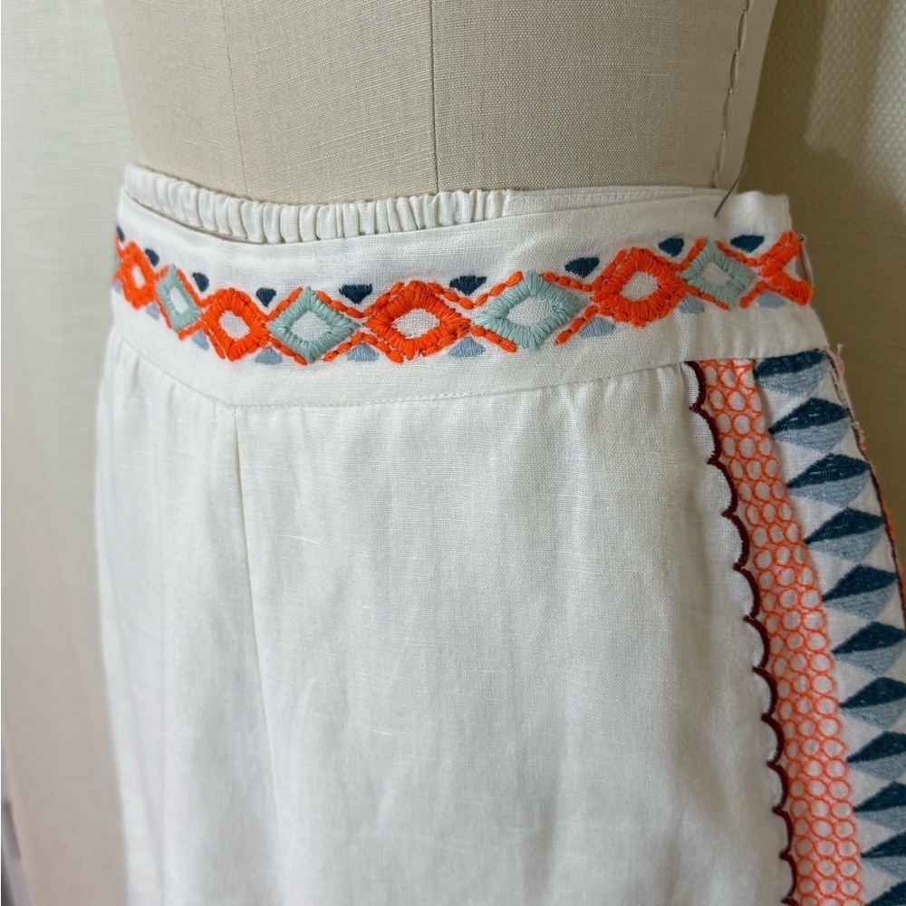 Anthropologie Embroidered Wide Leg Pants Boho Linen White Orange Size 2 - Picture 3 of 9